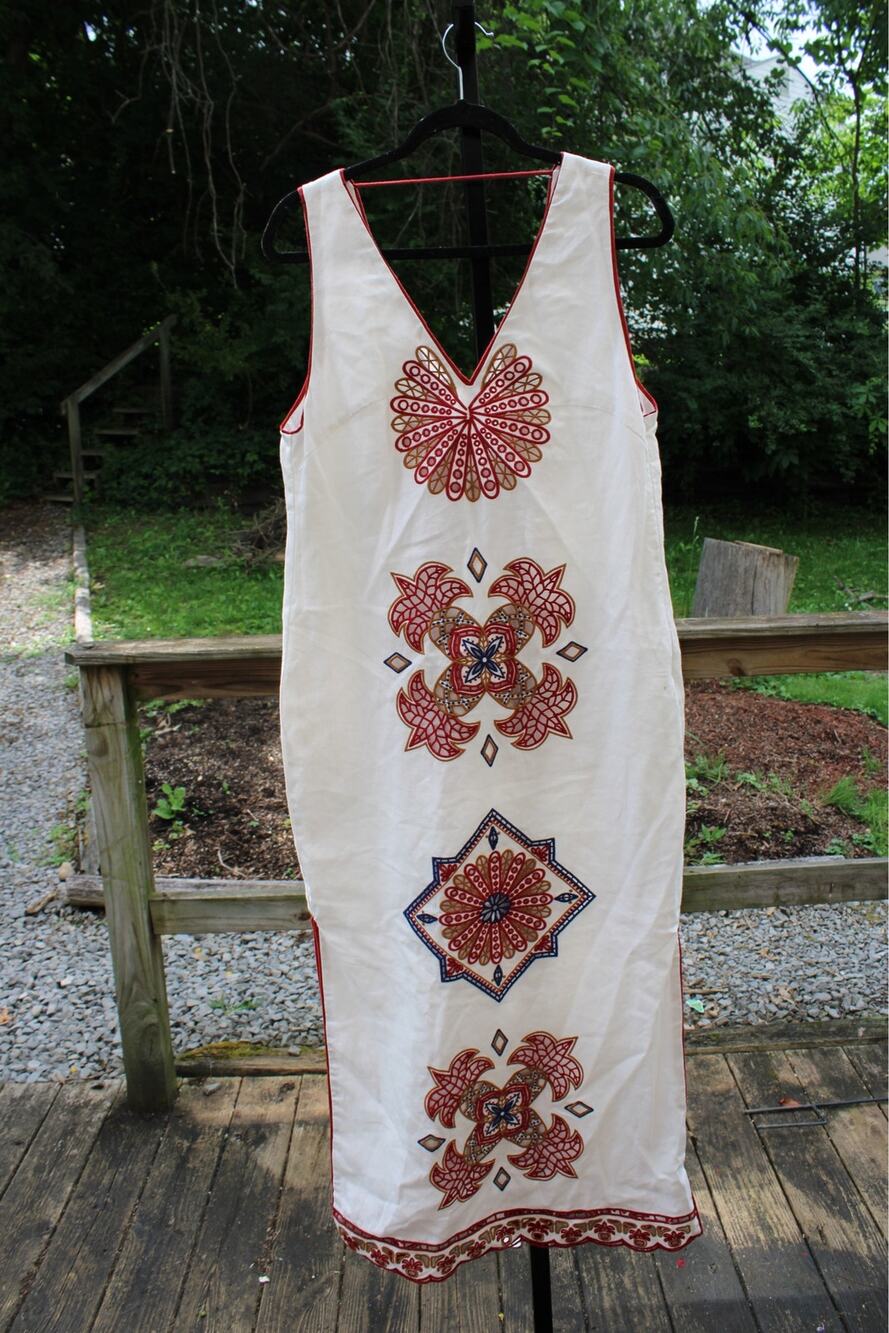 FARM Rio White Embroidered Midi Dress with Red and Blue Medallion Details